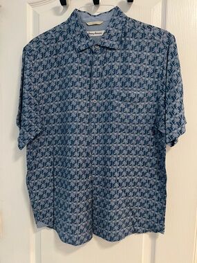Tommy Bahama Blue Palm-Print Short-Sleeve Button-Down Shirt